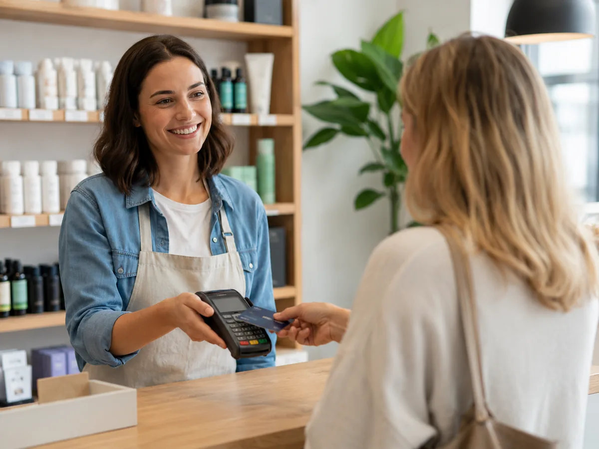 Small business owner accepting a contactless card payment